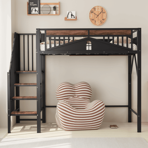 Cama alta metálica 90x200 cm - Com proteção de segurança exclusiva com janela, escada de segurança, espaço sob a cama para cobertura de tecido - Preta