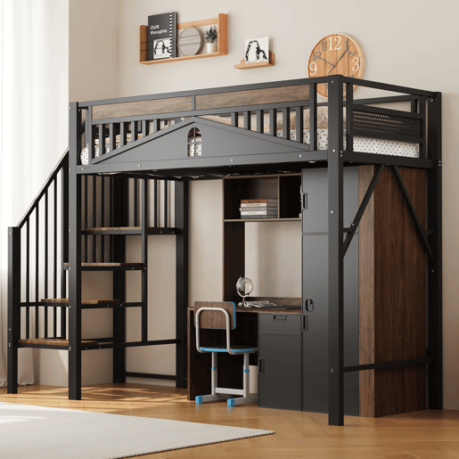 Cama alta metálica 90x200 cm - Com proteção de segurança exclusiva com janela, escada de segurança, espaço sob a cama para cobertura de tecido - Preta