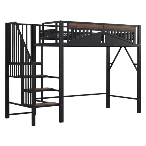 Cama alta metálica 90x200 cm - Com proteção de segurança exclusiva com janela, escada de segurança, espaço sob a cama para cobertura de tecido - Preta