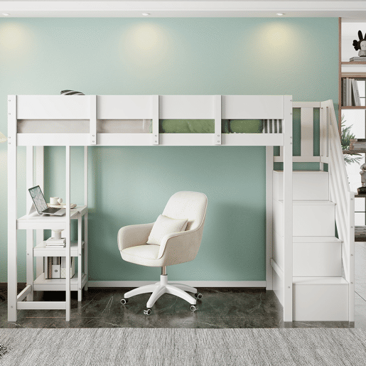 Cama alta multifuncional 90x200 cm - com arrumação, estrutura em madeira maciça de pinho, com estrado, para crianças e adolescentes - Branco