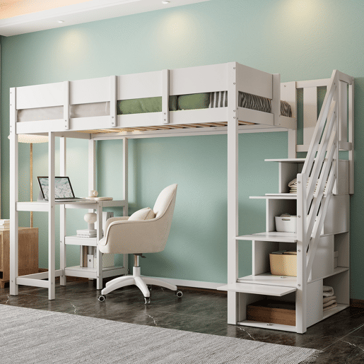 Cama alta multifuncional 90x200 cm - com arrumação, estrutura em madeira maciça de pinho, com estrado, para crianças e adolescentes - Branco