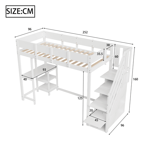 Cama alta multifuncional 90x200 cm - com arrumação, estrutura em madeira maciça de pinho, com estrado, para crianças e adolescentes - Branco