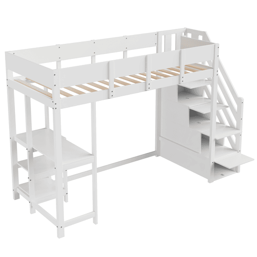 Cama alta multifuncional 90x200 cm - com arrumação, estrutura em madeira maciça de pinho, com estrado, para crianças e adolescentes - Branco