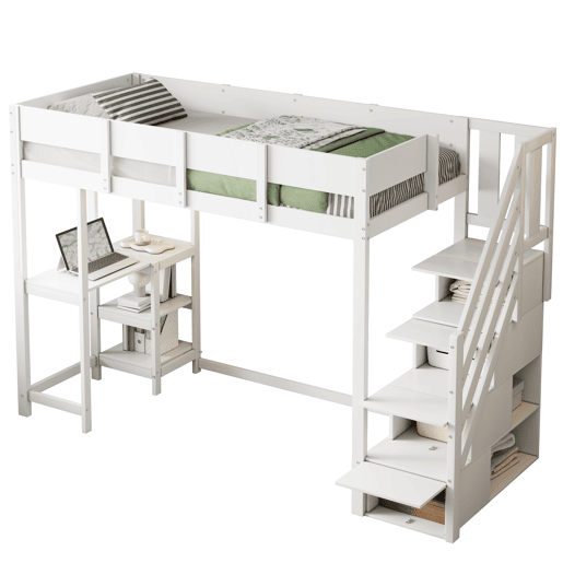 Cama alta multifuncional 90x200 cm - com arrumação, estrutura em madeira maciça de pinho, com estrado, para crianças e adolescentes - Branco