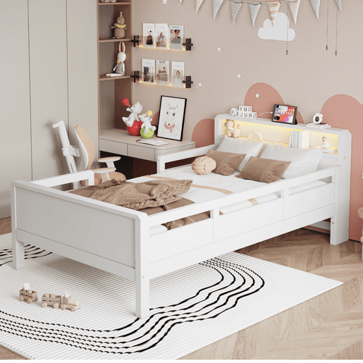 Cama de madeira 90 x 200 cm - porta USB e Tipo-C, luz LED pequena, cabeceira com prateleiras, cama individual multifuncional - pinho branco