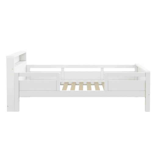 Cama de madeira 90 x 200 cm - porta USB e Tipo-C, luz LED pequena, cabeceira com prateleiras, cama individual multifuncional - pinho branco
