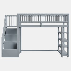 Cama alta em madeira maciça 90x200 cm - design de segurança com grade alta, armário, prateleiras e espaço de armazenamento com escada segura - cinza