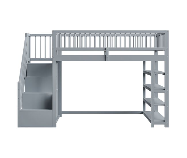 Cama alta de madera maciza 90x200 cm - diseño de seguridad con barandilla alta, armario, estantes y espacio de almacenamiento con escalera segura -