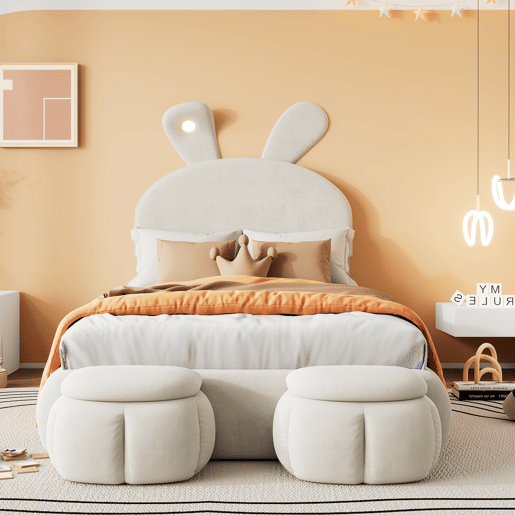 Cama individual 90x200 cm - com orelhas de coelho, luz quente regulável, dois bancos com arrumação - Bege