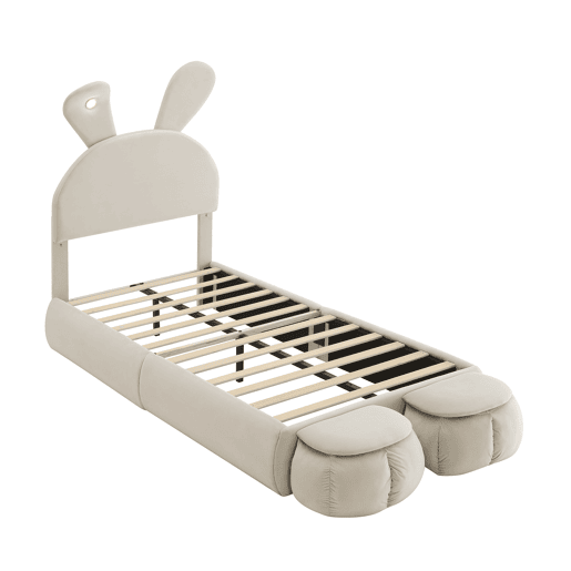 Cama individual 90x200 cm - com orelhas de coelho, luz quente regulável, dois bancos com arrumação - Bege