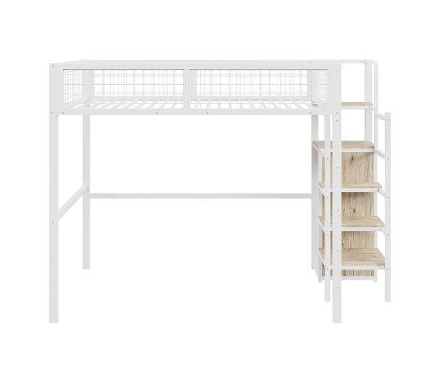 Cama alta 140*200 - con escalera, cama infantil con estructura metálica y estante de almacenamiento - blanco
