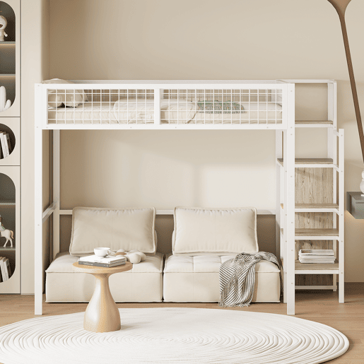 Cama alta 140*200 - com escada, cama infantil com estrutura metálica e prateleira de arrumação - Branco