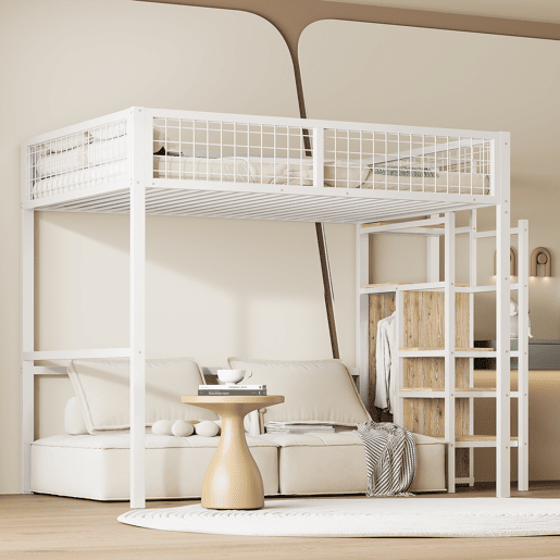 Cama alta 140*200 - com escada, cama infantil com estrutura metálica e prateleira de arrumação - Branco