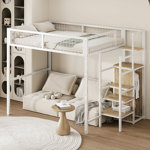 Cama alta 140*200 - com escada, cama infantil com estrutura metálica e prateleira de arrumação - Branco