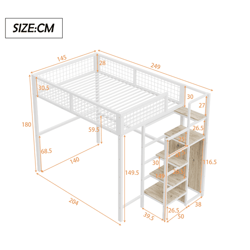 Cama alta 140*200 - com escada, cama infantil com estrutura metálica e prateleira de arrumação - Branco