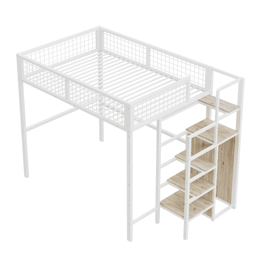 Cama alta 140*200 - com escada, cama infantil com estrutura metálica e prateleira de arrumação - Branco