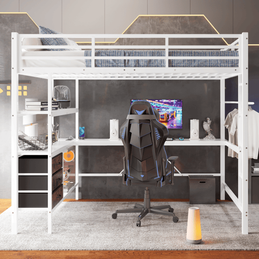 Cama alta 140*200 cm - Com luzes LED, secretária, tomada + USB, 3 gavetas, prateleiras, grade, escada - Branco