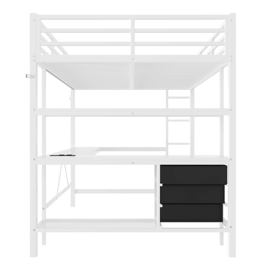 Cama alta 140*200 cm - Com luzes LED, secretária, tomada + USB, 3 gavetas, prateleiras, grade, escada - Branco