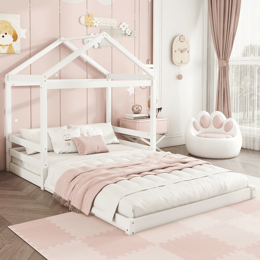 Cama infantil, 140 x 200 cm - Cama em forma de casa com estrado (sem colchão), estilo minimalista - Branco