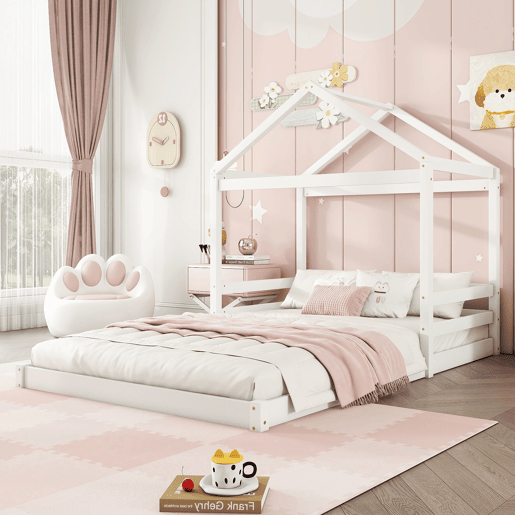 Cama infantil, 140 x 200 cm - Cama em forma de casa com estrado (sem colchão), estilo minimalista - Branco