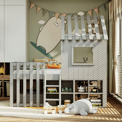 Cama infantil 90x200 - Com teto e janela, com armazenamento aberto e escada, cama dupla de madeira maciça sem colchão - Cinza