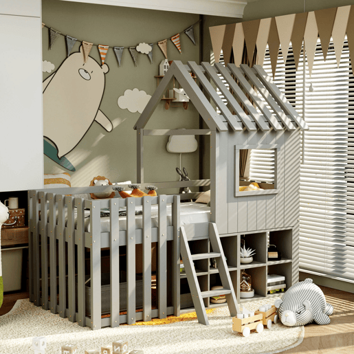 Cama infantil 90x200 - Com teto e janela, com armazenamento aberto e escada, cama dupla de madeira maciça sem colchão - Cinza