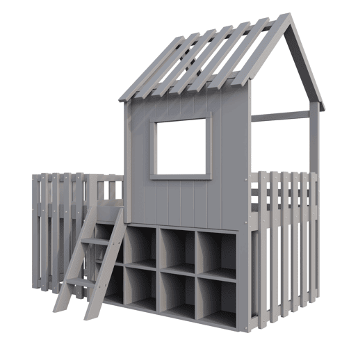 Cama infantil 90x200 - Com teto e janela, com armazenamento aberto e escada, cama dupla de madeira maciça sem colchão - Cinza