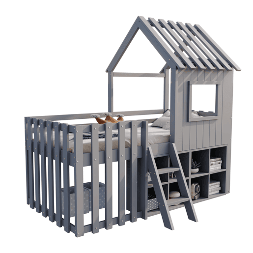 Cama infantil 90x200 - Com teto e janela, com armazenamento aberto e escada, cama dupla de madeira maciça sem colchão - Cinza