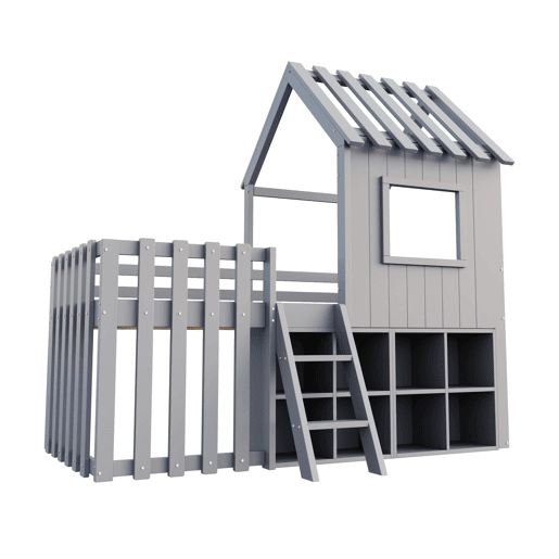 Cama infantil 90x200 - Com teto e janela, com armazenamento aberto e escada, cama dupla de madeira maciça sem colchão - Cinza