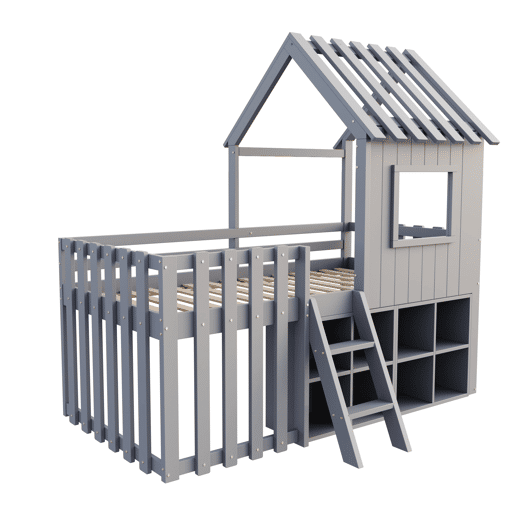 Cama infantil 90x200 - Com teto e janela, com armazenamento aberto e escada, cama dupla de madeira maciça sem colchão - Cinza