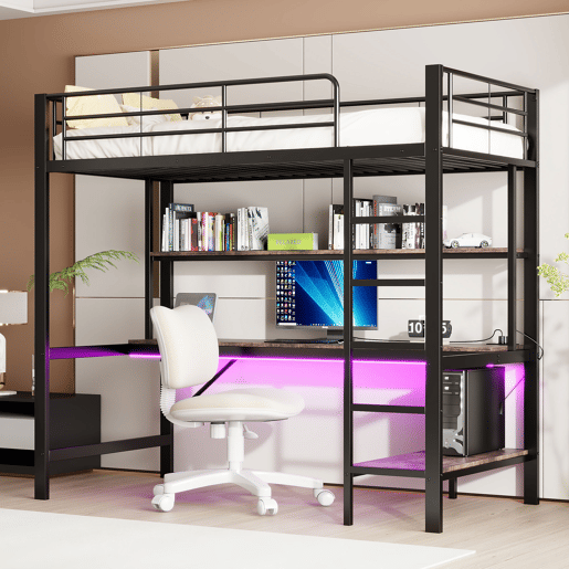 Cama alta 90x200cm - Corrimão, escada, com USB e tomada, com luzes LED, secretária, estante de vários níveis - Preto