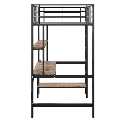 Cama alta 90x200cm - Corrimão, escada, com USB e tomada, com luzes LED, secretária, estante de vários níveis - Preto