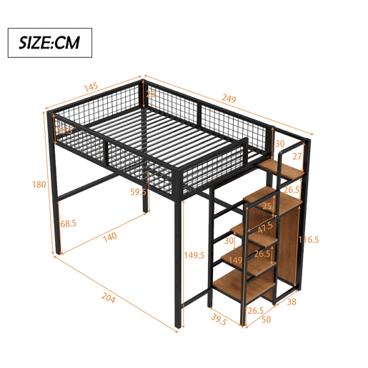 Cama alta 140*200 - com escada, cama infantil com estrutura de ferro e prateleira de arrumação - preto