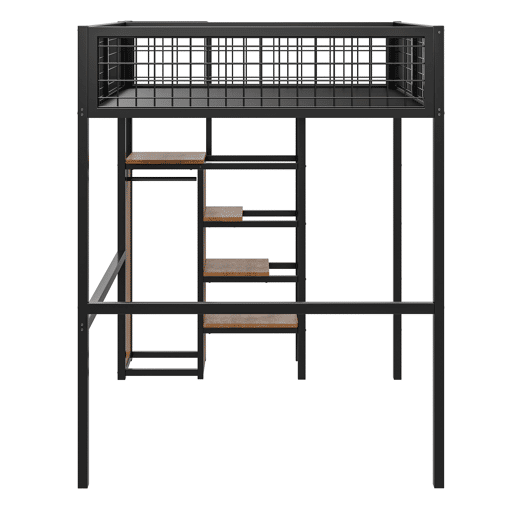 Cama alta 140*200 - com escada, cama infantil com estrutura de ferro e prateleira de arrumação - preto