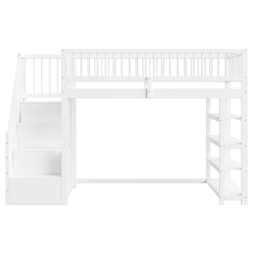 Cama alta em madeira maciça 90x200 cm - design seguro com grades altas, armário, prateleiras e espaço de arrumação com escada segura - branco