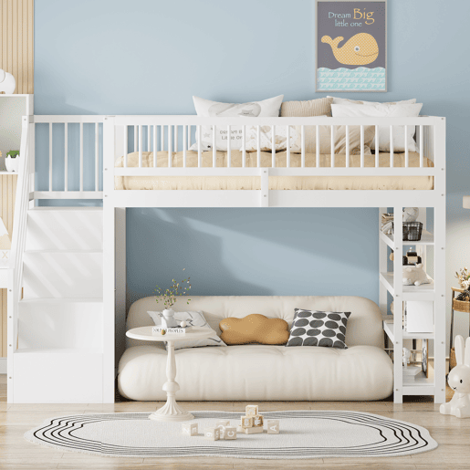 Cama alta em madeira maciça 90x200 cm - design seguro com grades altas, armário, prateleiras e espaço de arrumação com escada segura - branco