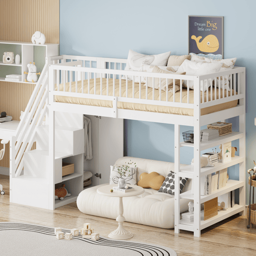 Cama alta em madeira maciça 90x200 cm - design seguro com grades altas, armário, prateleiras e espaço de arrumação com escada segura - branco