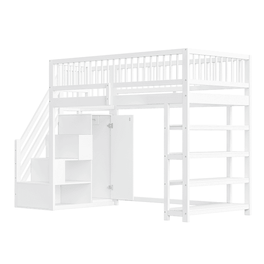 Cama alta em madeira maciça 90x200 cm - design seguro com grades altas, armário, prateleiras e espaço de arrumação com escada segura - branco