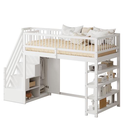 Cama alta em madeira maciça 90x200 cm - design seguro com grades altas, armário, prateleiras e espaço de arrumação com escada segura - branco