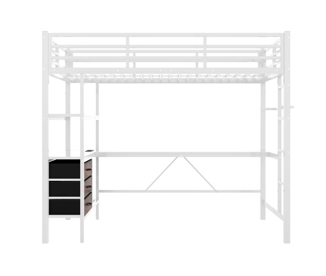 Cama alta 90x200cm - con led, escritorio, enchufe + usb, 3 cajones, estantes, barandilla, escalera, sin colchón - blanco