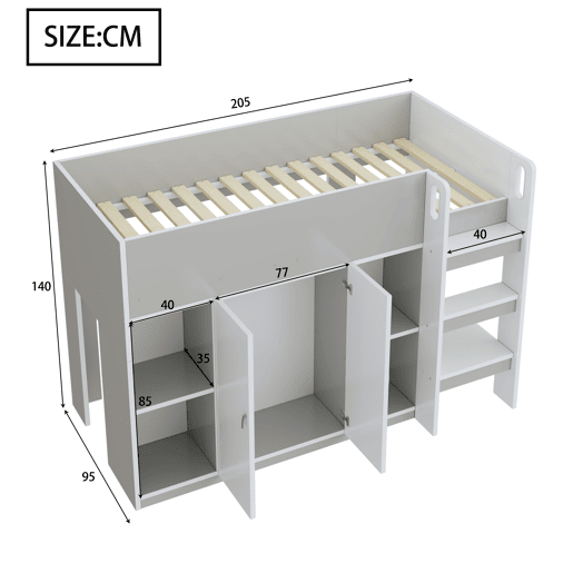 Cama alta multifuncional 90x200 - Com arrumação, armário e prateleiras, cama infantil com escada e construção estável - Cinza