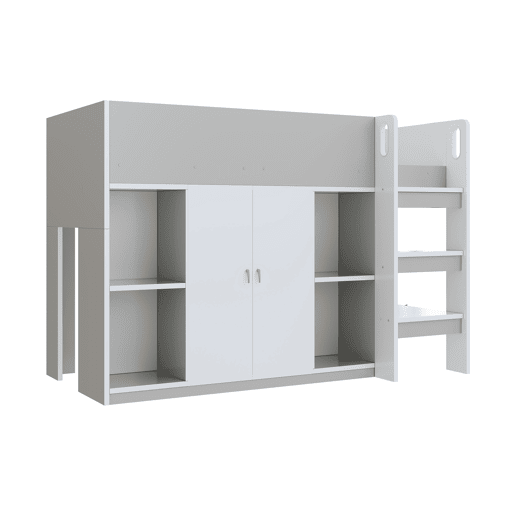 Cama alta multifuncional 90x200 - Com arrumação, armário e prateleiras, cama infantil com escada e construção estável - Cinza