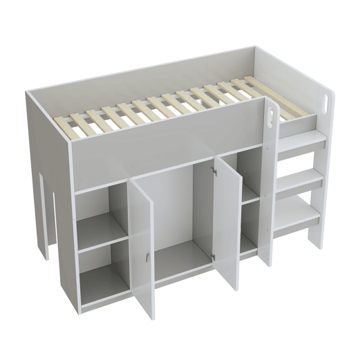 Cama alta multifuncional 90x200 - Com arrumação, armário e prateleiras, cama infantil com escada e construção estável - Cinza