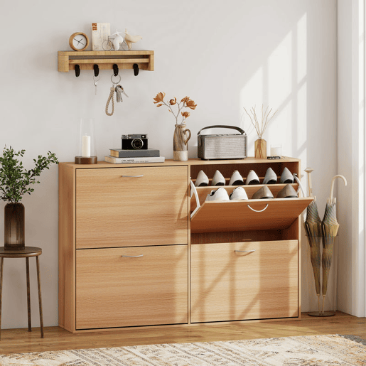 HOMCOM Sapateira Moderna com 4 Gavetas Abatíveis e Prateleiras Ajustáveis para 16-24 Pares de Sapatos para Corredor Entrada 120x24x81 cm Madeira