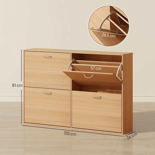 HOMCOM Sapateira Moderna com 4 Gavetas Abatíveis e Prateleiras Ajustáveis para 16-24 Pares de Sapatos para Corredor Entrada 120x24x81 cm Madeira