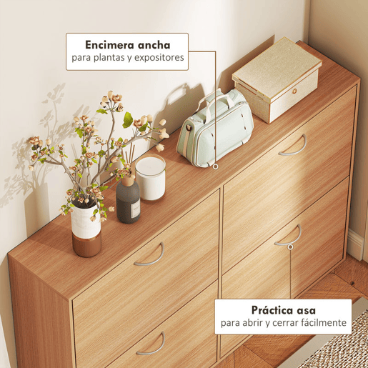 HOMCOM Sapateira Moderna com 4 Gavetas Abatíveis e Prateleiras Ajustáveis para 16-24 Pares de Sapatos para Corredor Entrada 120x24x81 cm Madeira