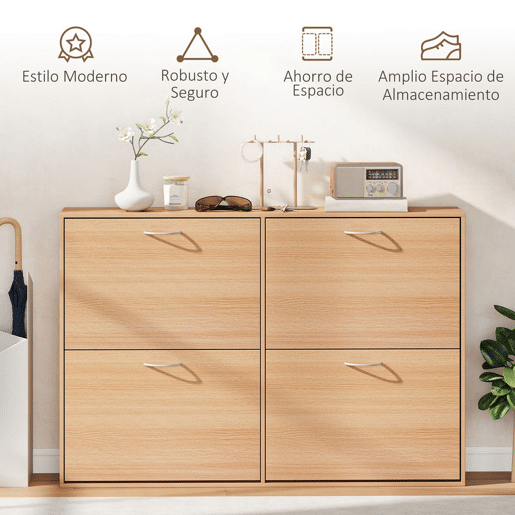 HOMCOM Sapateira Moderna com 4 Gavetas Abatíveis e Prateleiras Ajustáveis para 16-24 Pares de Sapatos para Corredor Entrada 120x24x81 cm Madeira