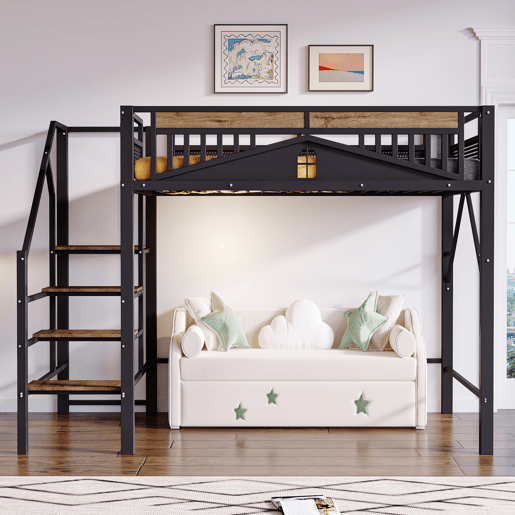 Cama alta metálica 140x200 cm - Design exclusivo com janela, escada de segurança e amplo espaço de arrumação debaixo da cama - Preta