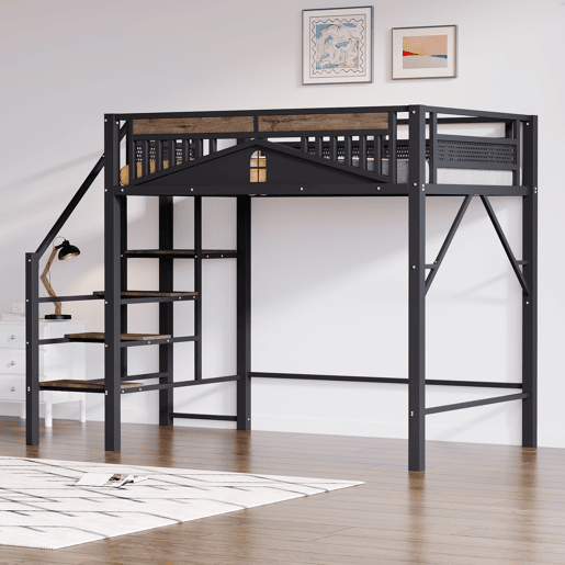 Cama alta metálica 140x200 cm - Design exclusivo com janela, escada de segurança e amplo espaço de arrumação debaixo da cama - Preta