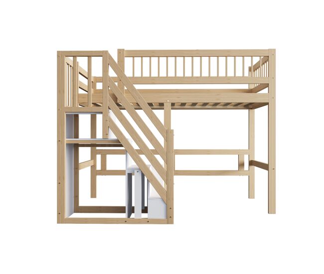 Cama alta de madera maciza 90x200 - con escalera y armario de almacenamiento, cama individual para niños y jóvenes - color natural